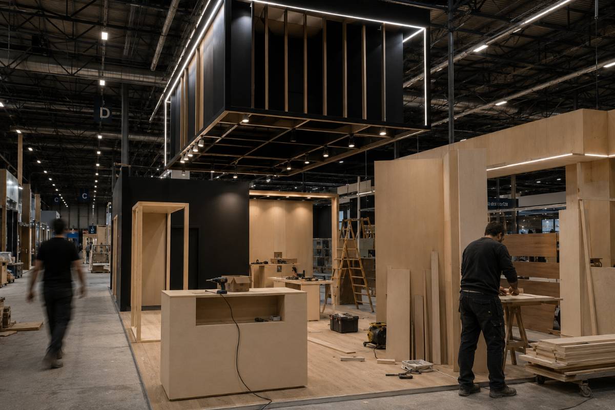 Proceso de fabricación en taller — carpintería y ensamblaje del stand de Leonardo